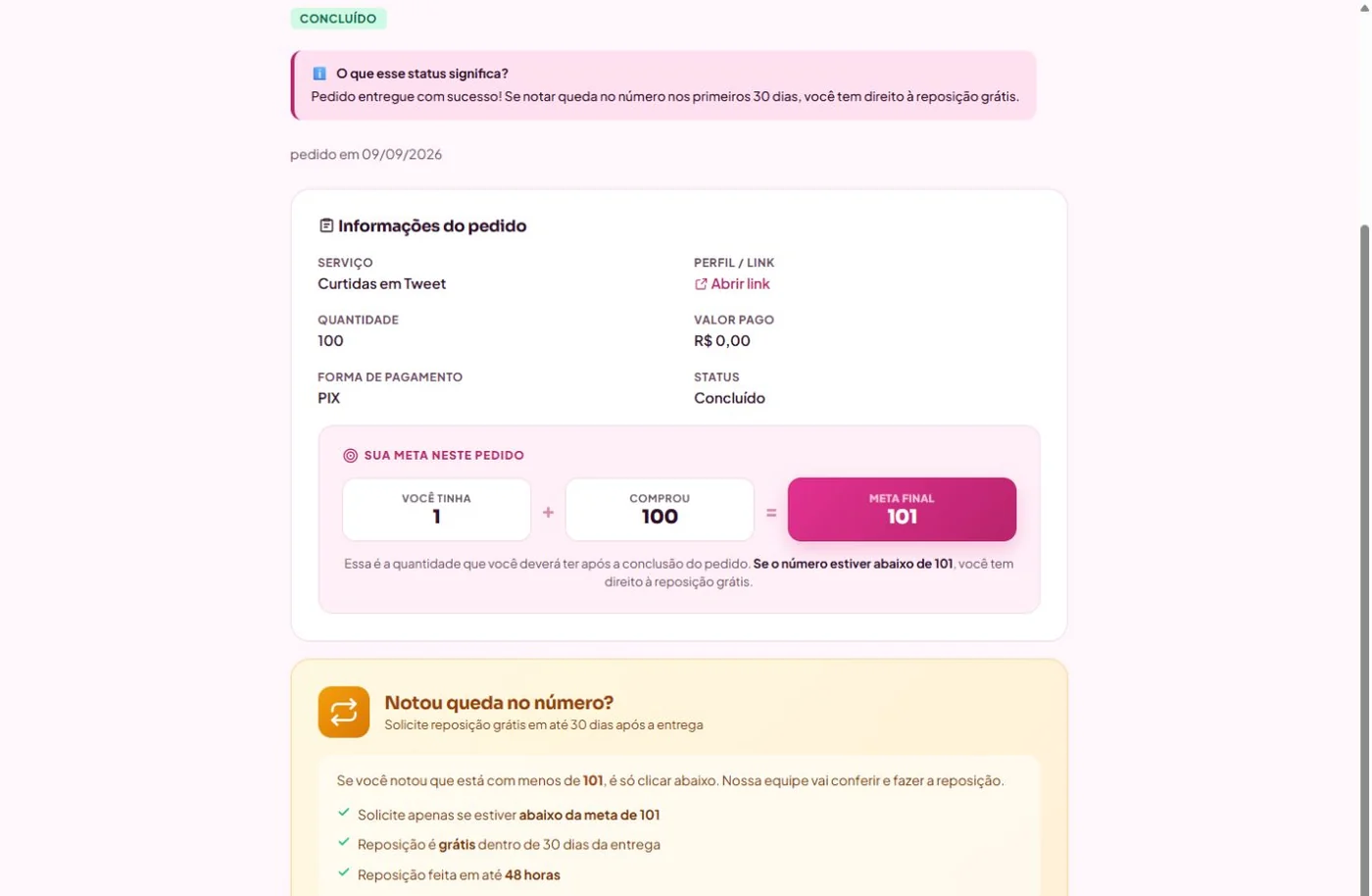Tela real de detalhes com a seção de garantia e reposição.