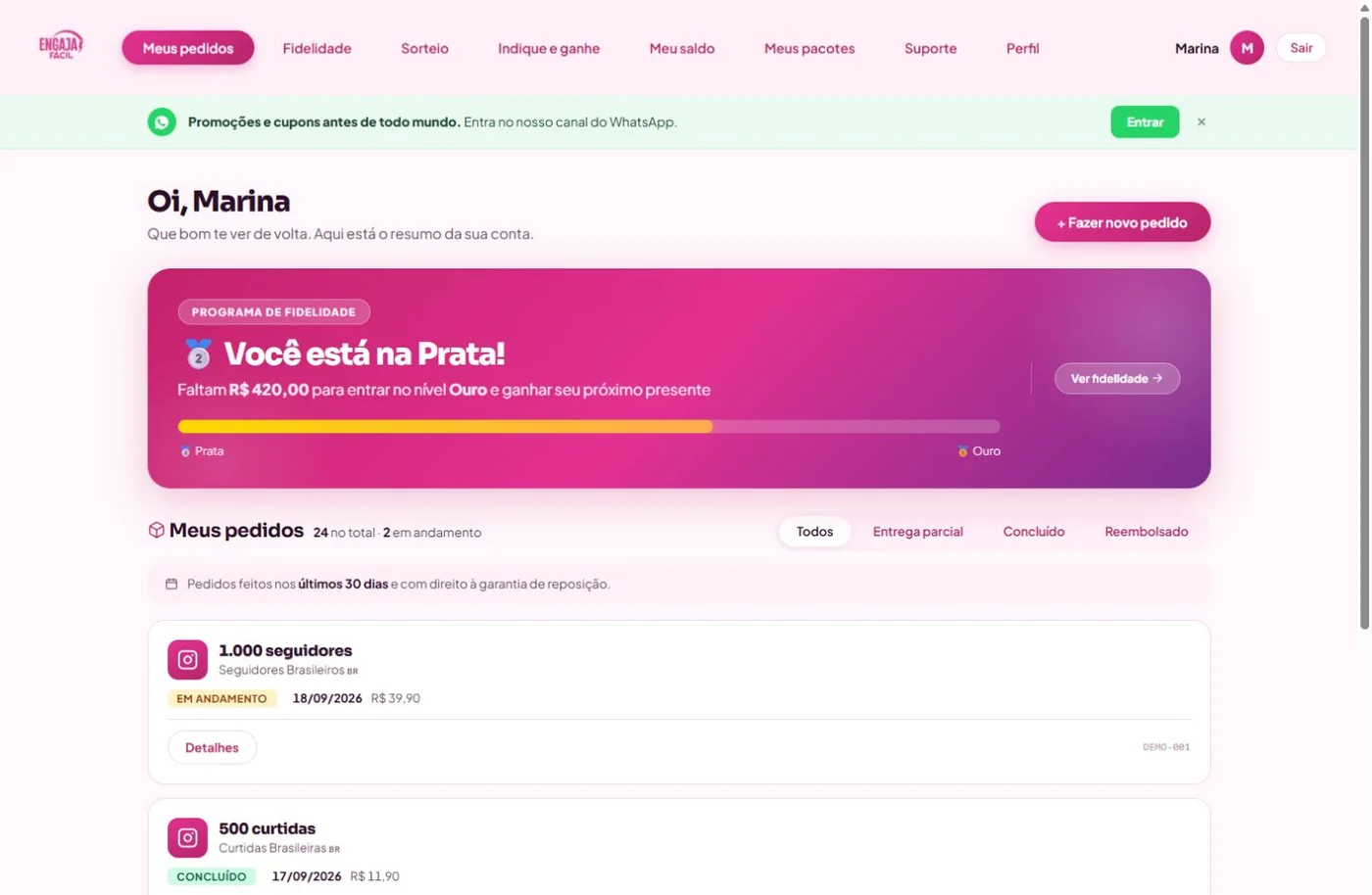 Pedidos concluídos e em andamento na lista real do cliente.