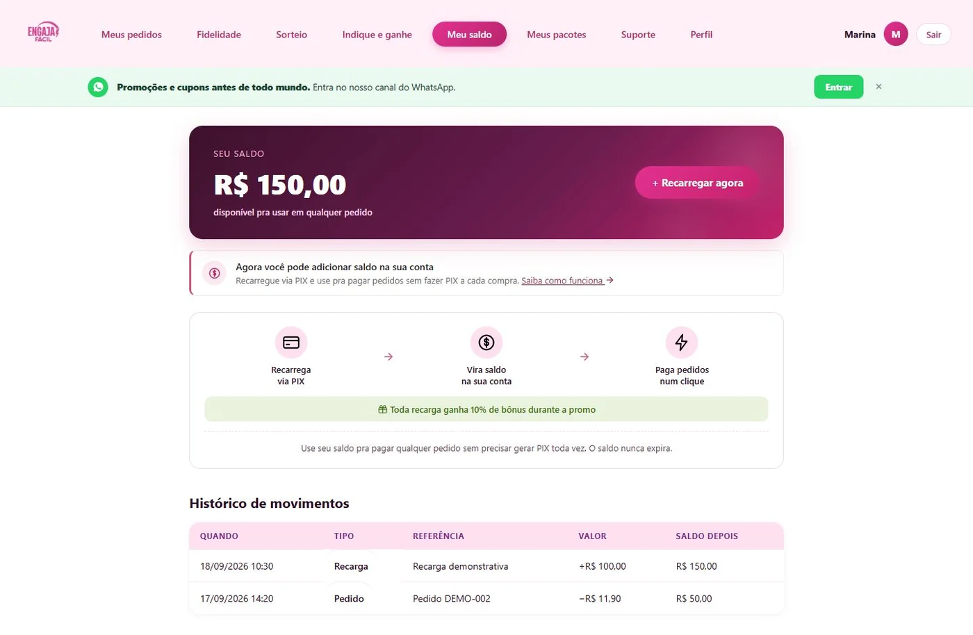 Tela real de saldo, com valores demonstrativos.