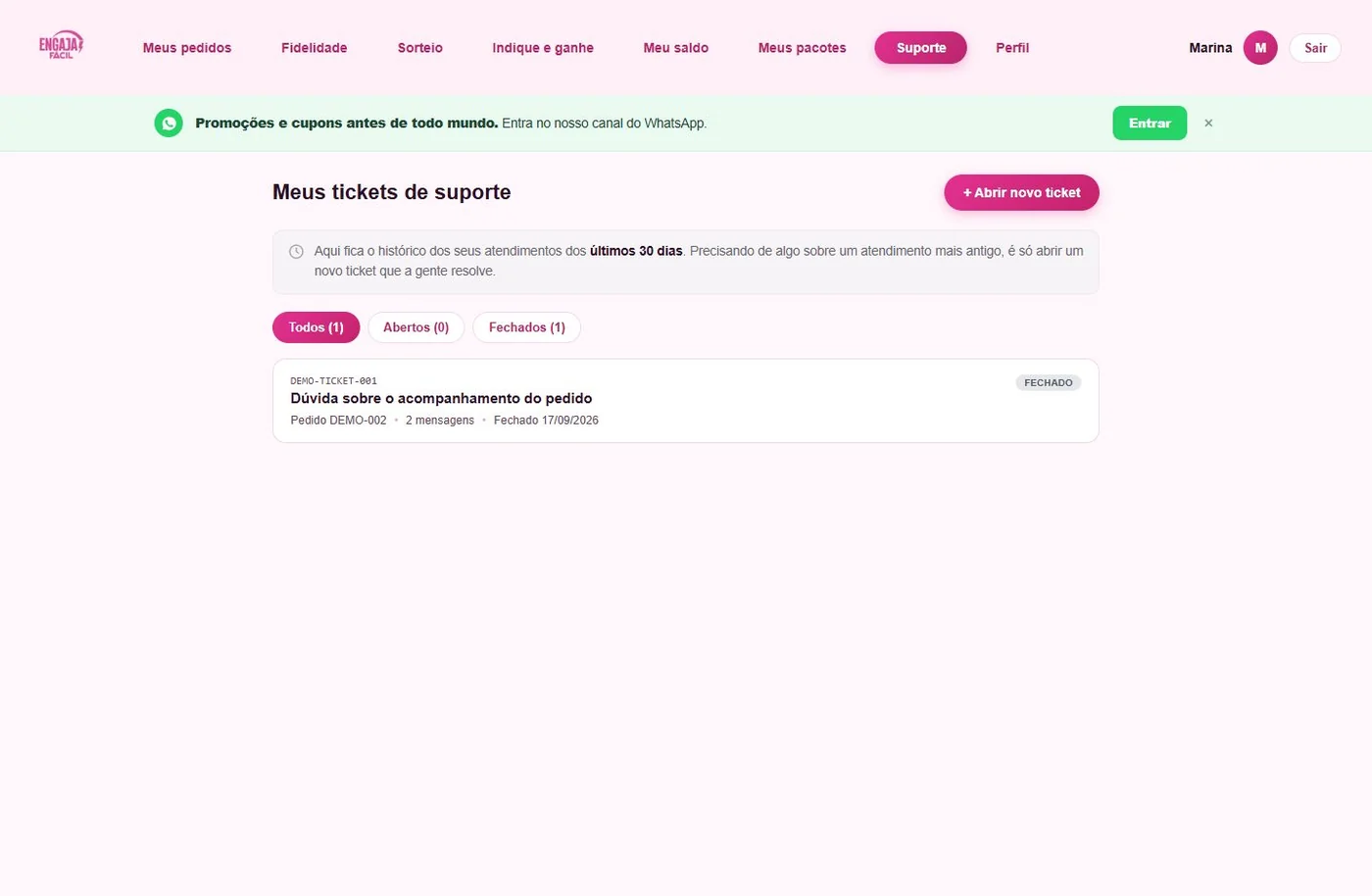 Lista real de tickets, com um assunto demonstrativo.